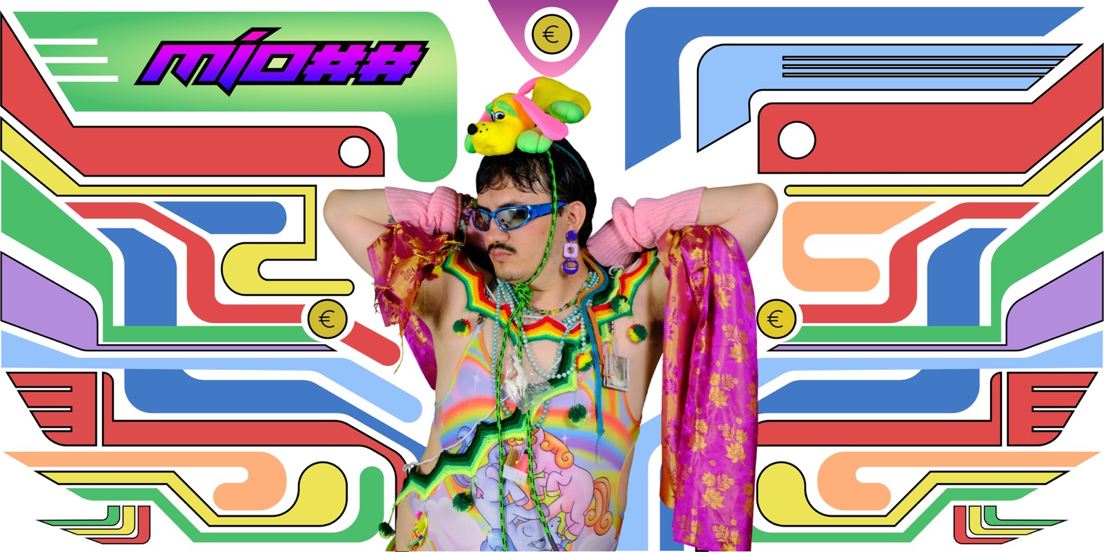 Key visual for Mío##: a performer in a rainbow costume with a plush dog on their head, framed by colourful videogame-style tracks and euro coins.